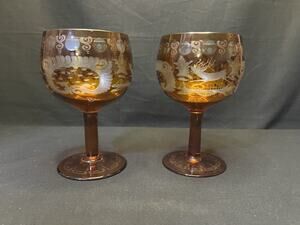 Egermann Bohemian Czech Cut To Clear Etched Wine Glass Lot Deer Stag Amber